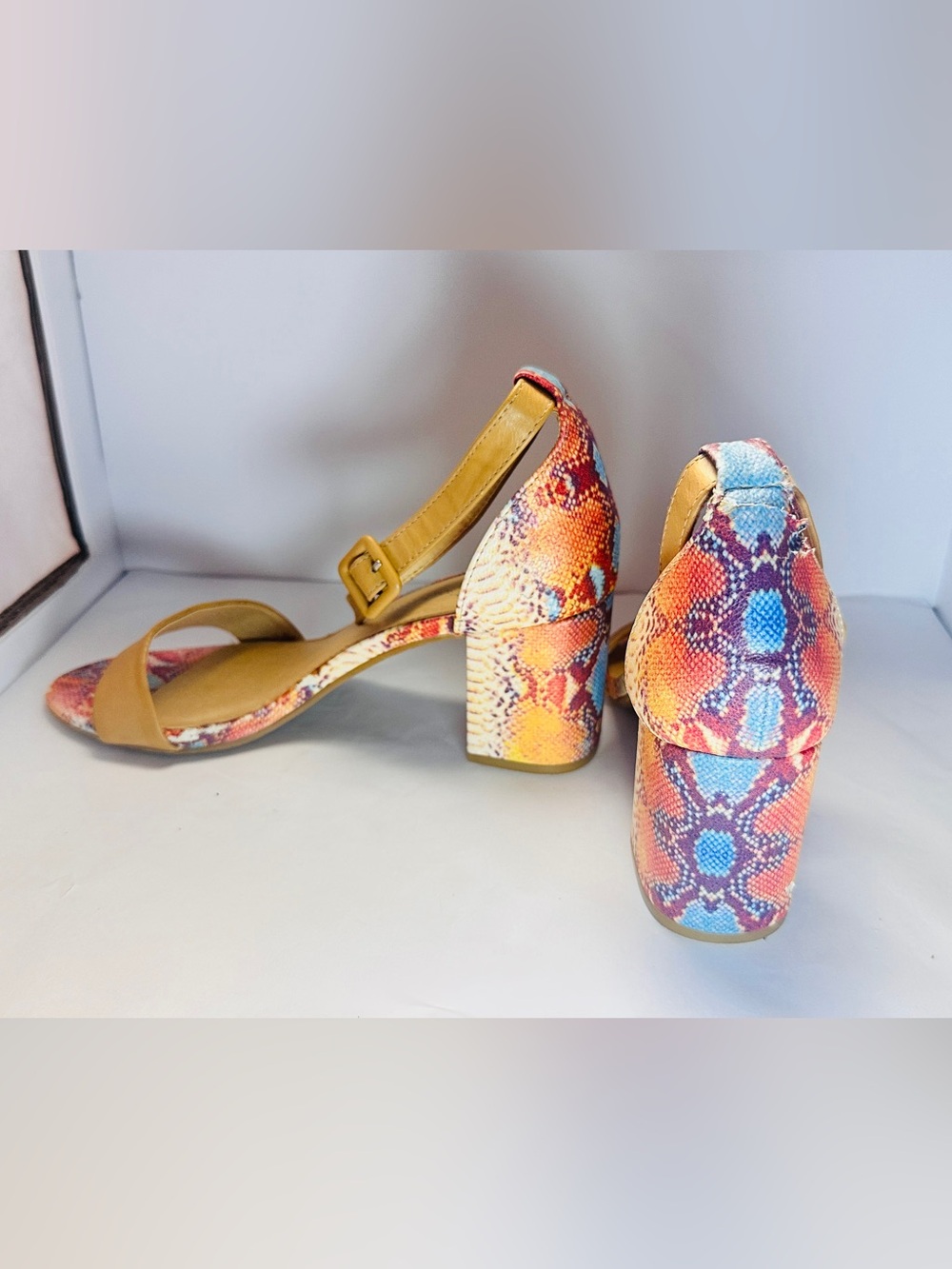 Colorful Snake-Print Block Heel Sandals in Orange & Blue